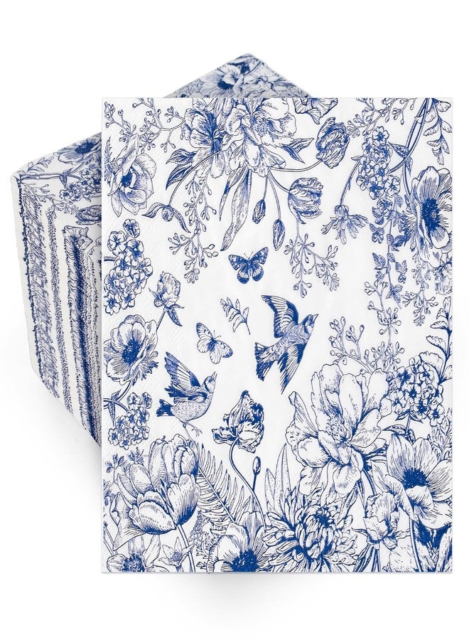 JarThenaAMCS 100Pcs Blue White Floral Paper Napkins Chinoiserie Flower Bird Disposable Napkins Decorative Luncheon Dinner Napkins for Wedding Birthday Holiday Party Supplies Table Decor - Image 1